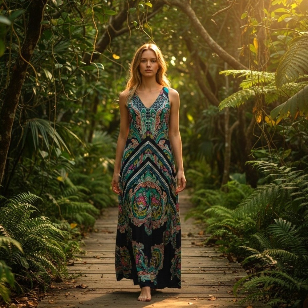 Metaphor Womens Paisley Border Print Maxi Dress‎ Navy Blue Teal Pink Size M